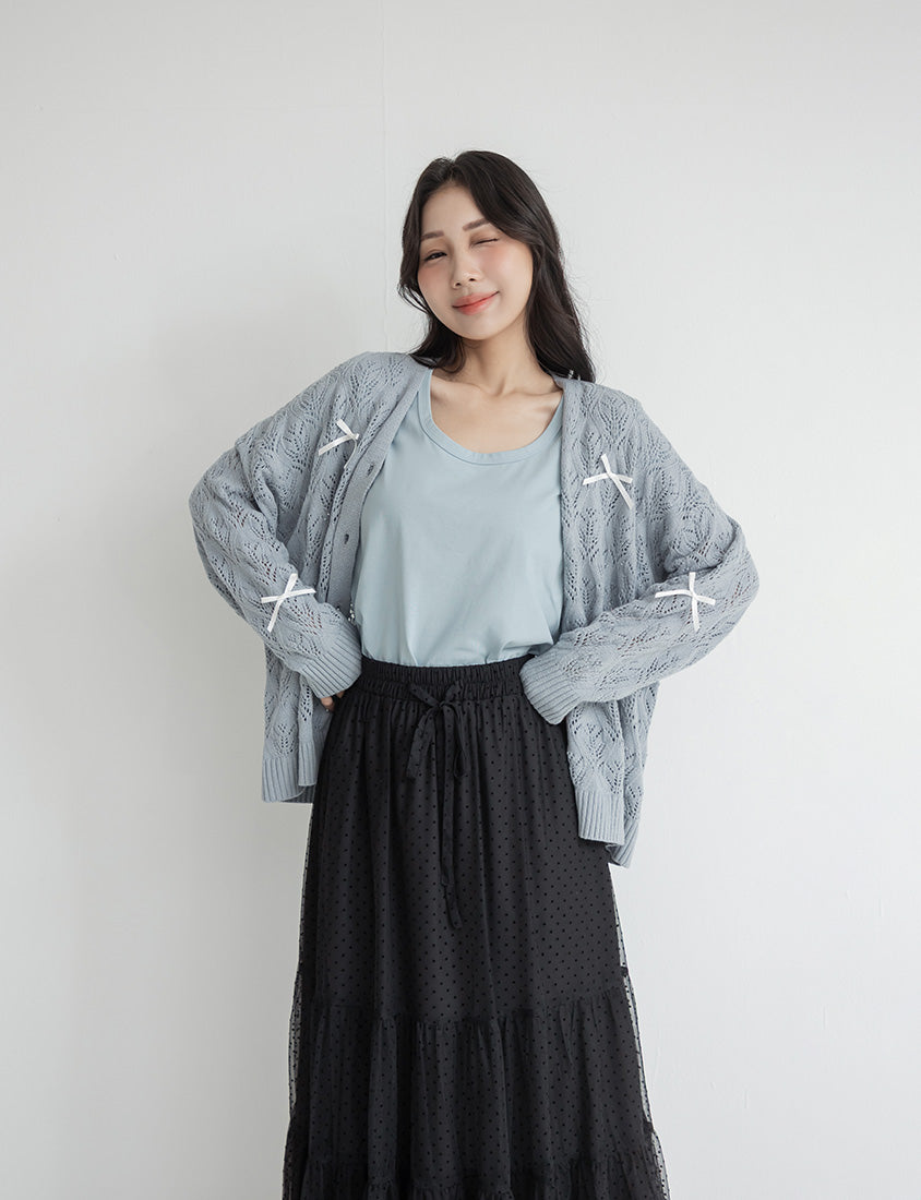 Sweet Bow-Detail Openwork Knit Plus Size Cardigan