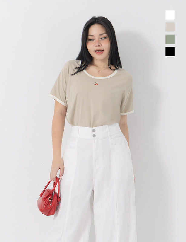Contrast Cherry Embroidery Crewneck Plus Size Tee