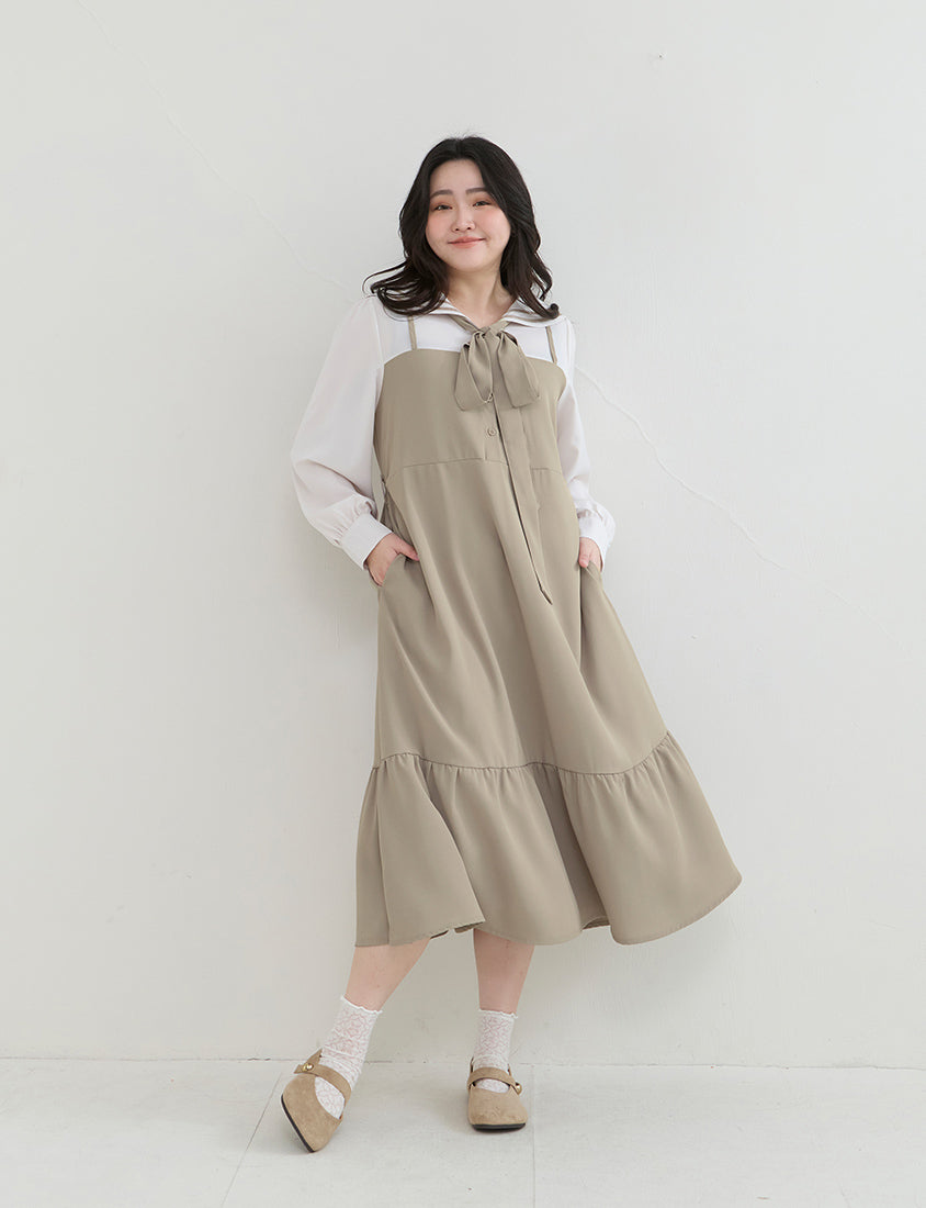 Contrast Sailor Collar Faux Two Piece Plus Size Maxi Dress (With Waist Tie)