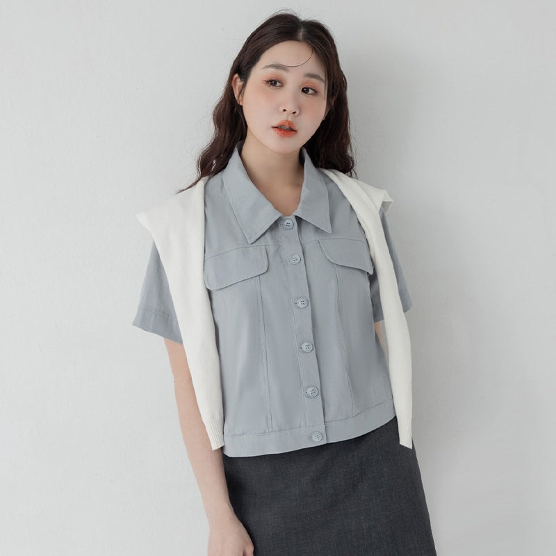 Spring Cotton Linen Stitch Plus Size Short Sleeve Shirt