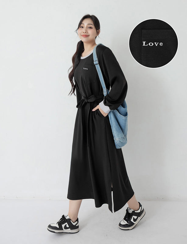 Cute Round Neck Colorblock Embroidered Plus Size Maxi Dress (With Tie)
