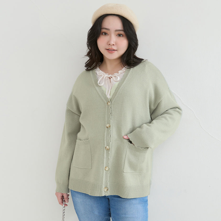 Cute Lettuce Trim V-Neck Knit Plus Size Cardigan