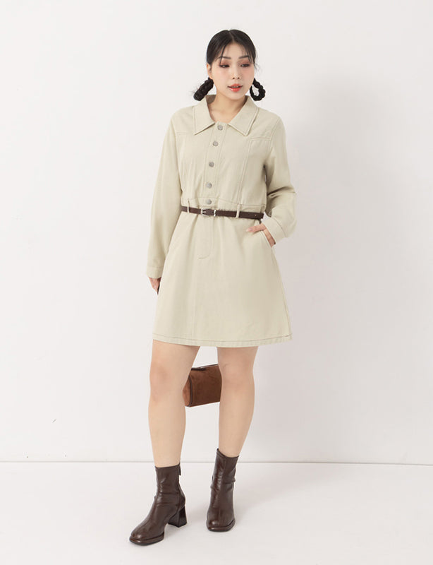 Twill Colorblock Topstitched Button-Up Plus Size Mini Dress (With Belt)