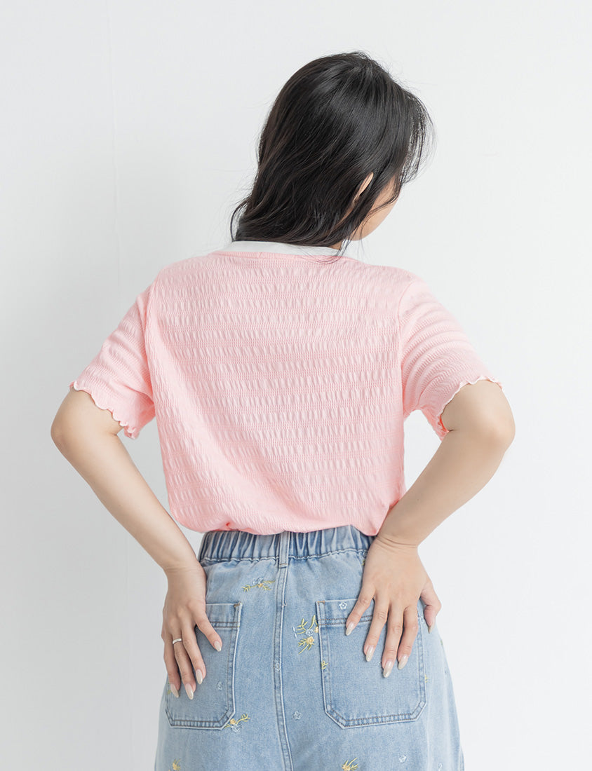 Bow Embroidery Ruffle Crinkle Plus Size Top