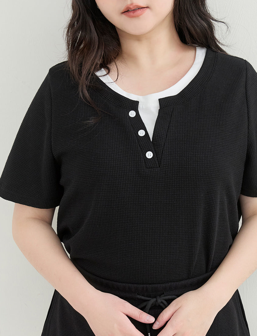 Waffle Knit Faux Two-Piece Plus Size Top