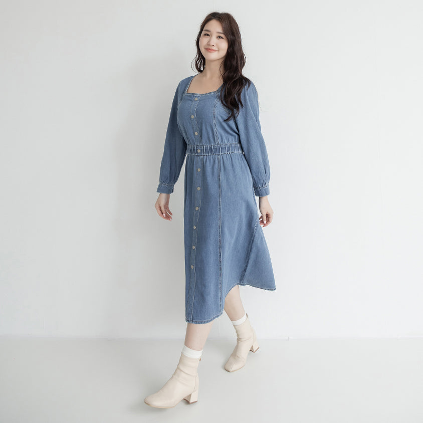 Smock-Waisted Square Neck Faux-Button Denim Plus Size Maxi Dress