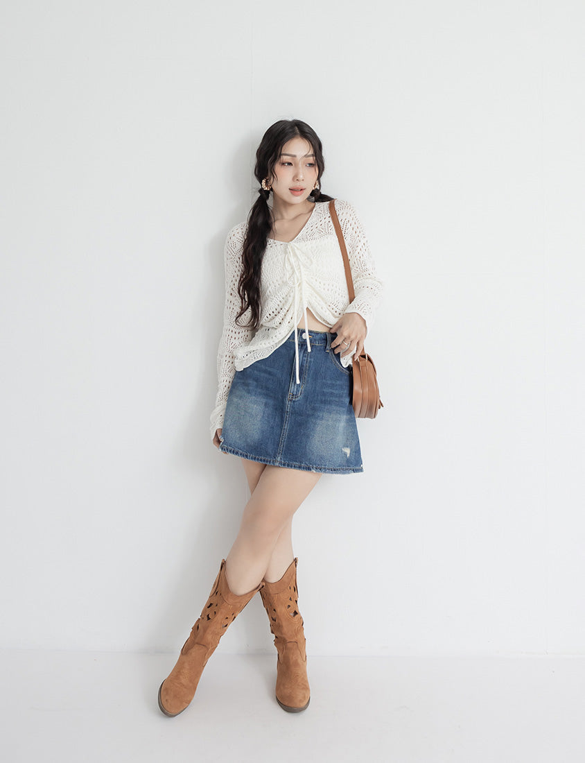 MUA! Side Pearl Studded Distressed Denim Plus Size Mini Skirt