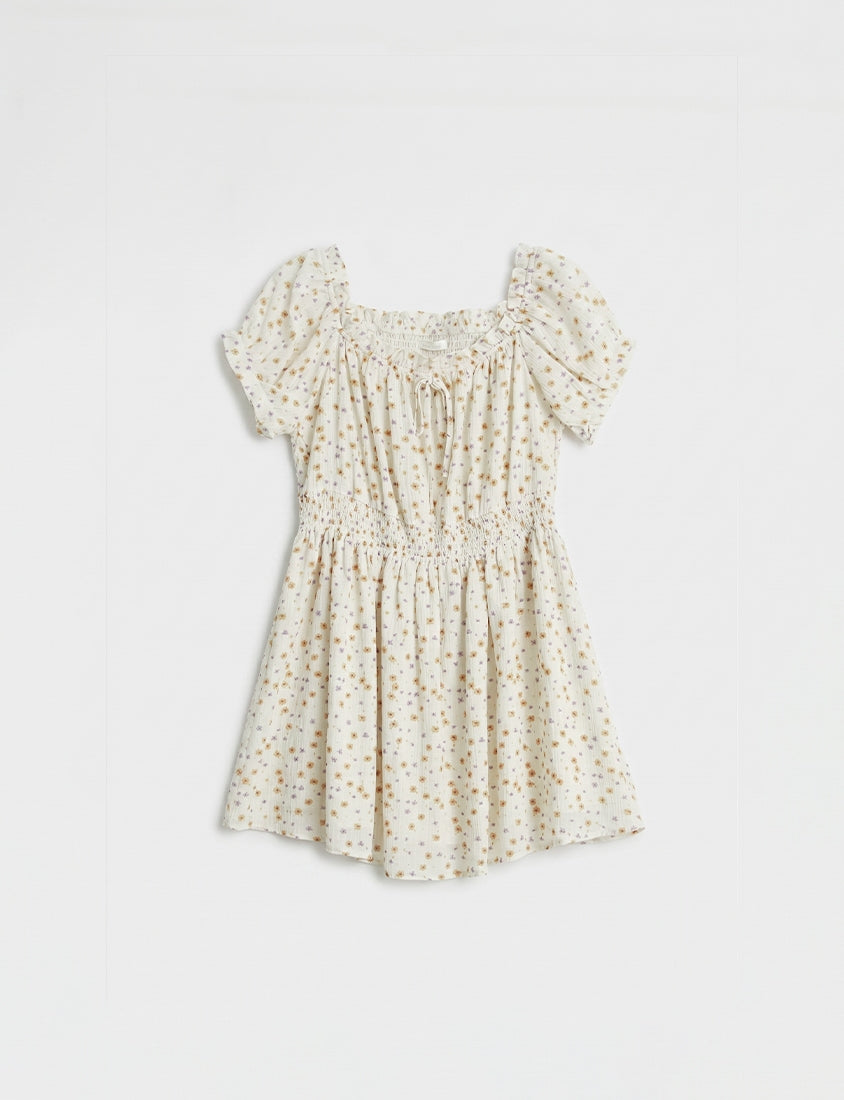 Vacation-Style Floral Euffle Off-Shoulder Plus Size Mini Dress