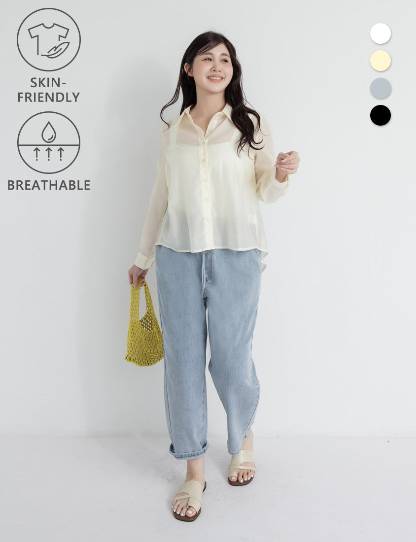 Tencel Silky Sheer Back Slit Tie-Front Plus Size Shirt