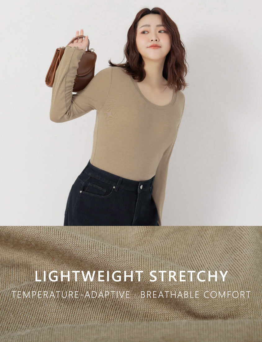 Sheer Tencel Wool Crew Neck Plus Size Long Sleeve Top