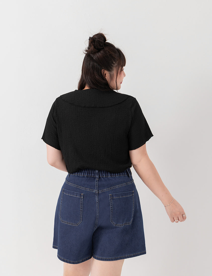 Collared Crinkle Faux Button Short Sleeve Top