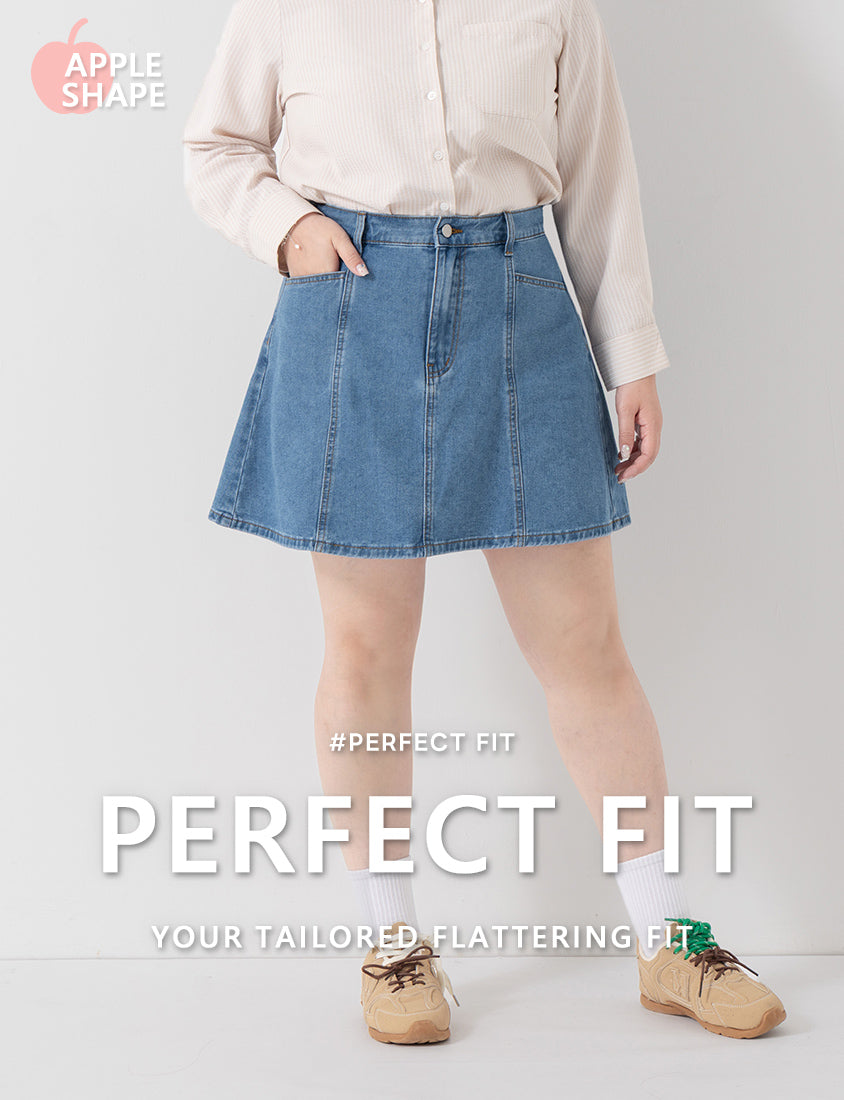 Apple-Shaped Friendly! Perfect Fit Seamed A-Line Denim Plus Size Mini Skirt