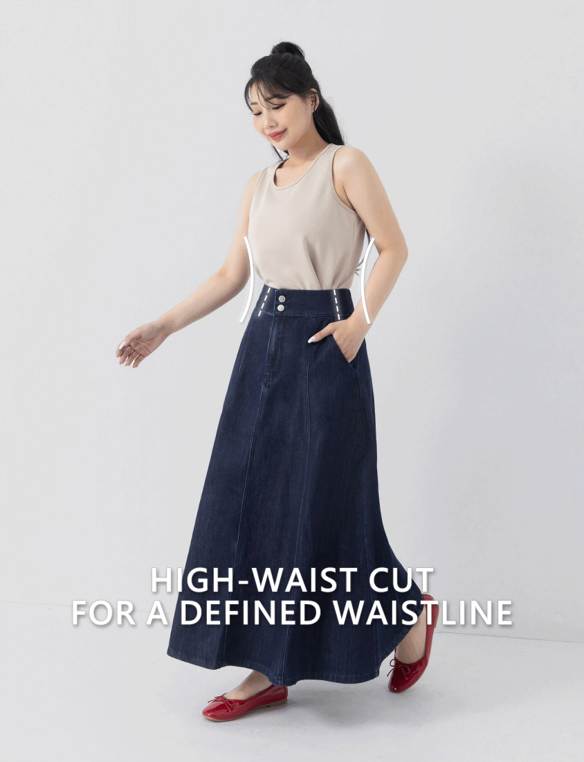 Lightweight Tencel Silky Denim Double Button Flare Plus Size Maxi Skirt