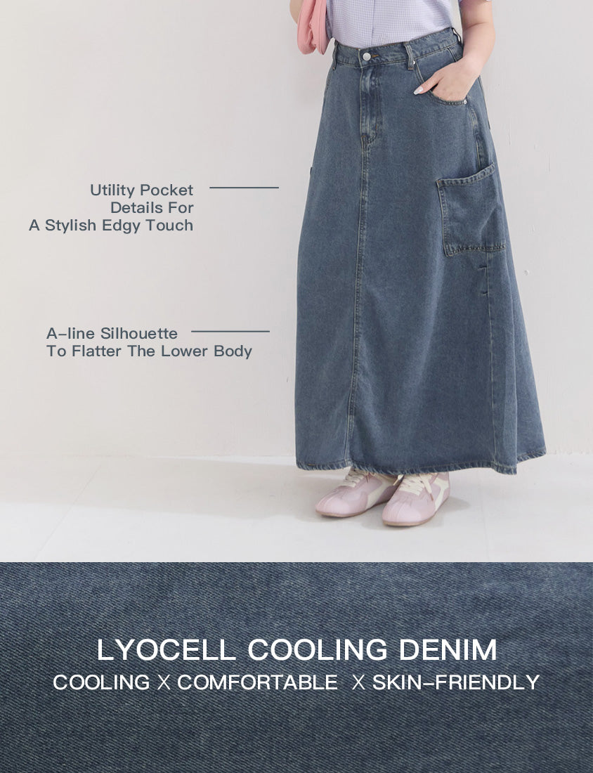 Cooling Lyocell Silky Denim Utility Plus Size Maxi Skirt