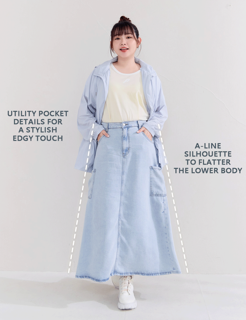 Cooling Lyocell Silky Denim Utility Plus Size Maxi Skirt