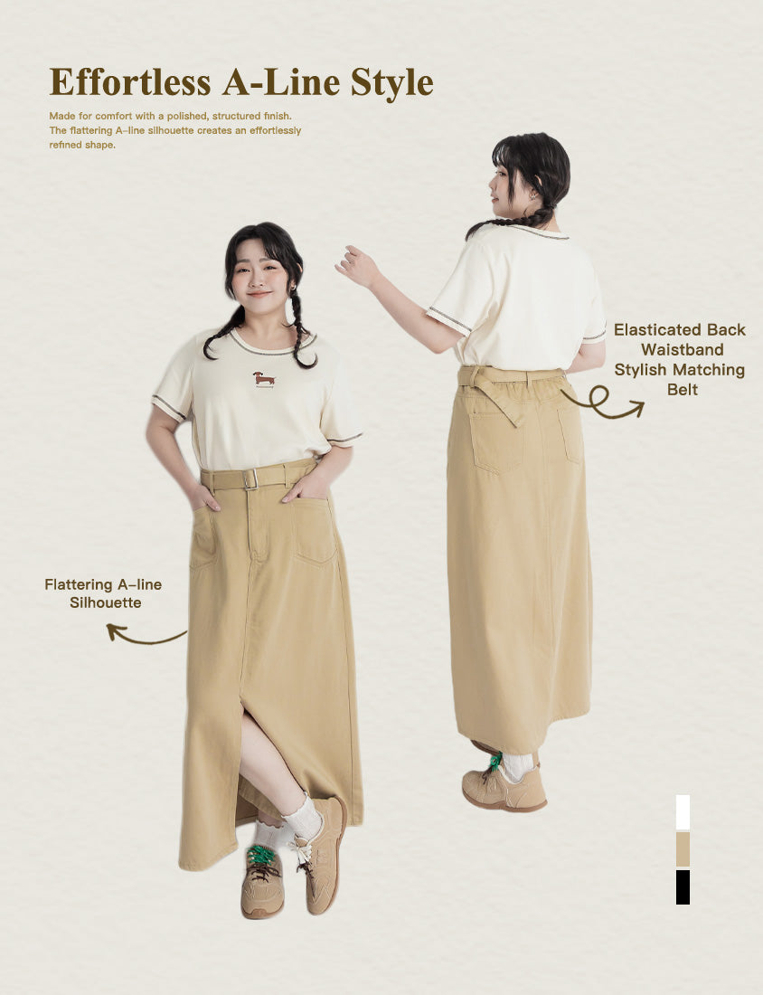 Lyocell Twill A-Line Plus Size Maxi Skirt (With Belt)