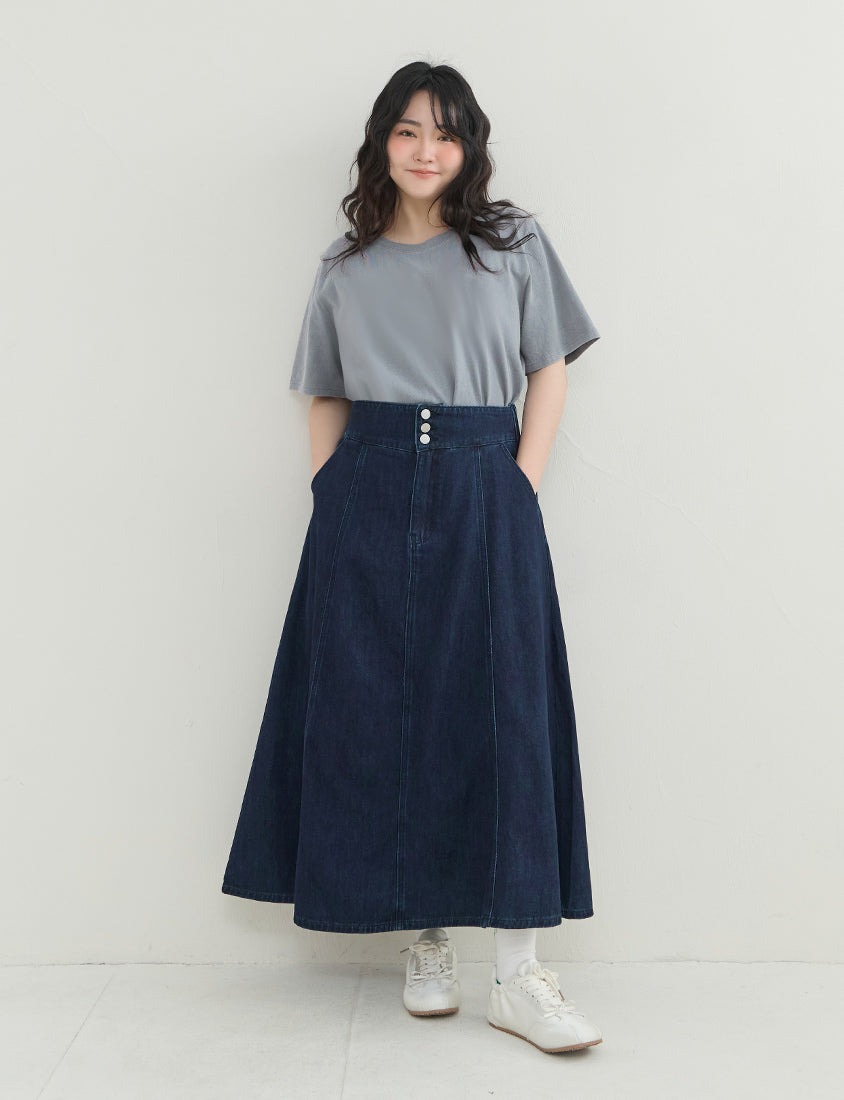 High Waist Flared Denim Plus Size Maxi Skirt