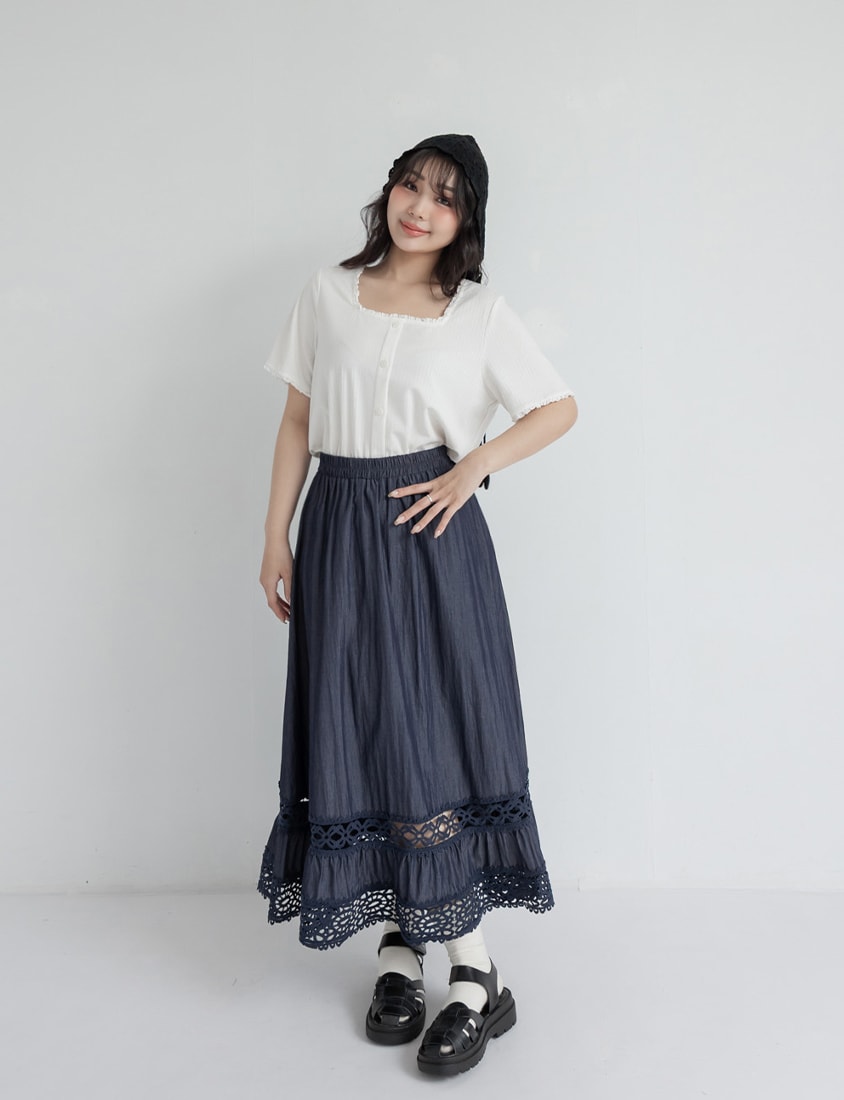 Lace Square Neck Waffle Plus Size Knit Top