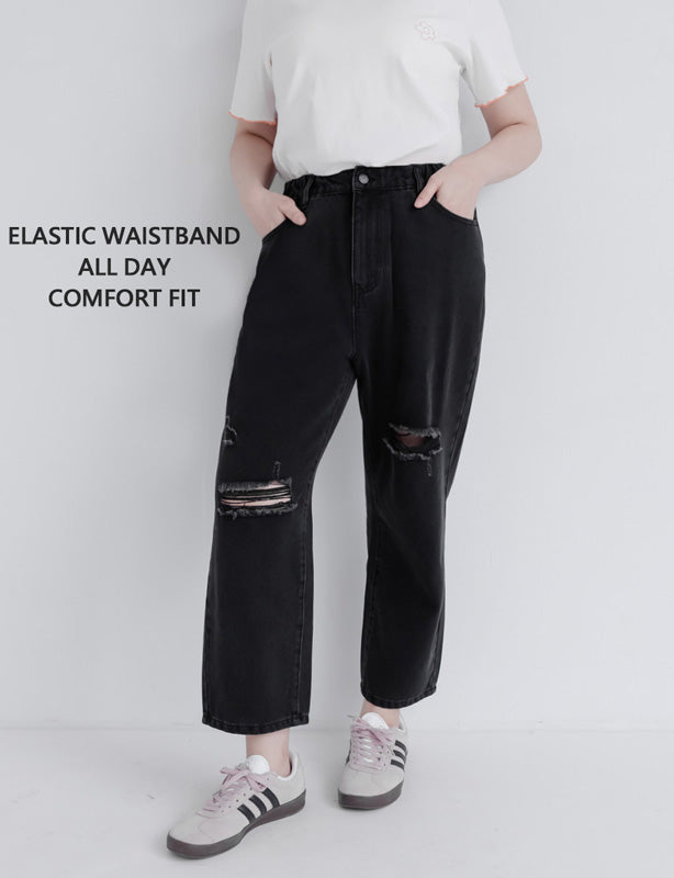 Distressed Side Elastic Waist Plus Size Boyfriend Jeans
