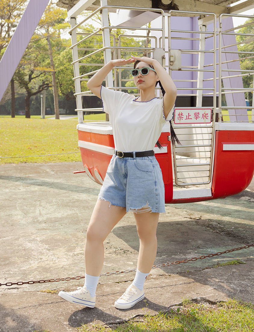 Wide Waistband Distressed Plus Size Denim Shorts