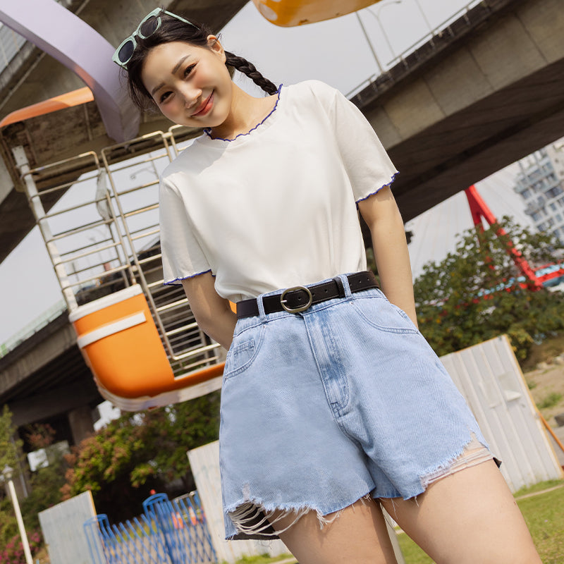 Wide Waistband Distressed Plus Size Denim Shorts