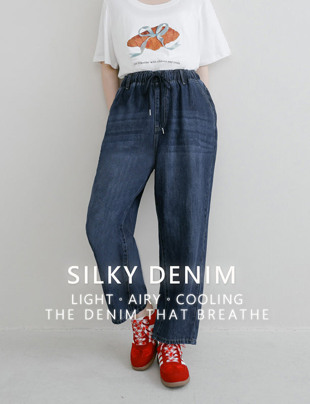 Lyocell Silky Denim Elastic Waist-Tie Plus Size Harem Jeans