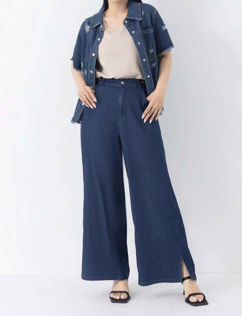 Lightweight Tencel Silky Denim Slit Plus Size Pants