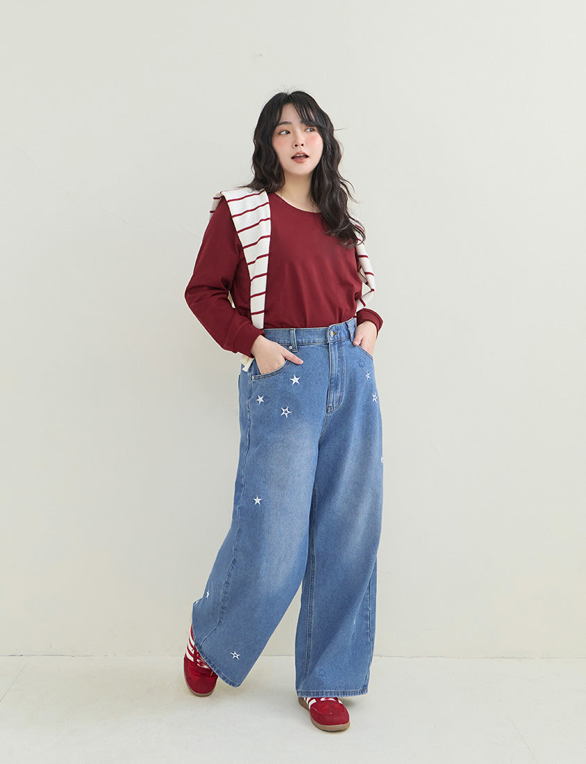 Star Embroidered Denim Plus Size Wide Leg Jeans