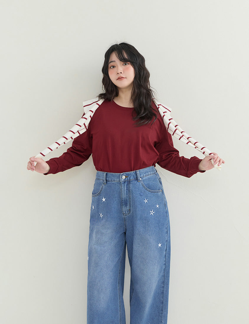 Star Embroidered Denim Plus Size Wide Leg Jeans
