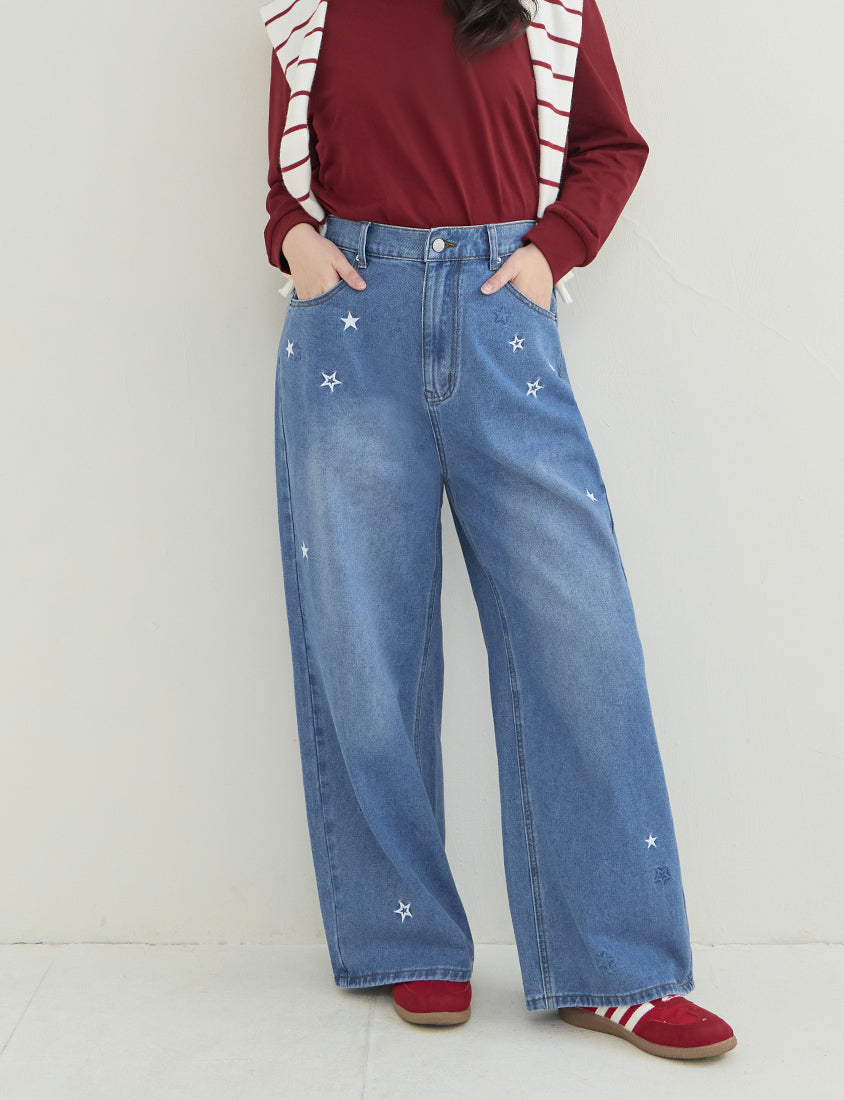 Star Embroidered Denim Plus Size Wide Leg Jeans