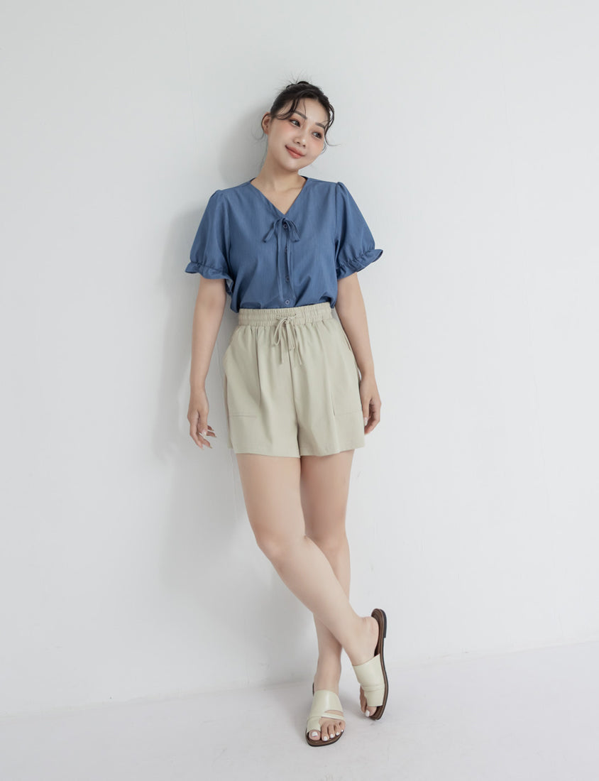 Cooling Tencel Silky Denim-Like Puff Sleeve Plus Size Shirt