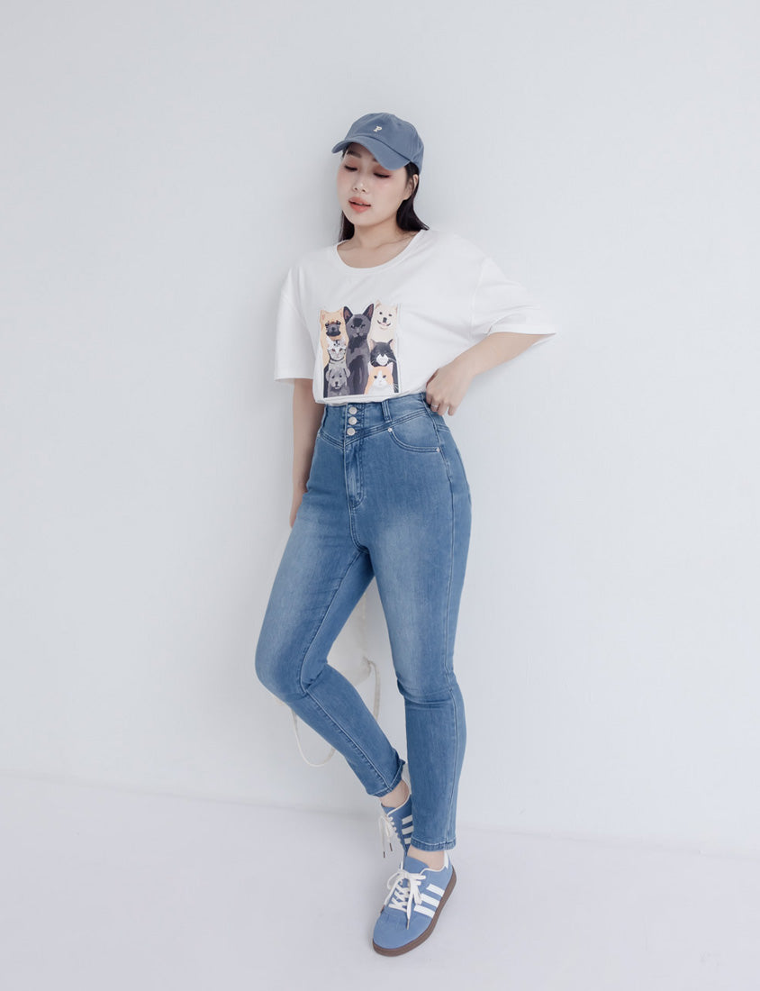 Kitty and Puppy Print Crew Neck Short Sleeve T-shirt
