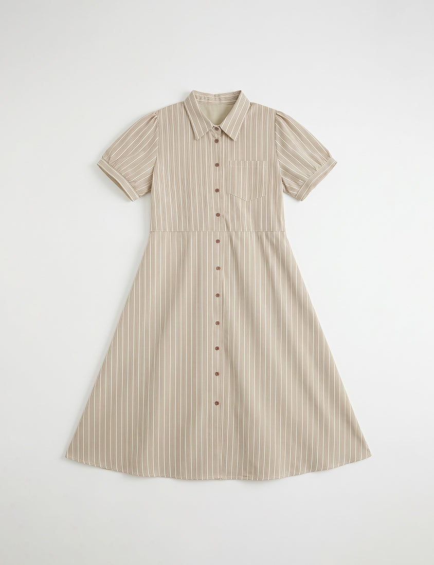 Japanese Contrast Stripe Shirt Collar Plus Size Maxi Dress