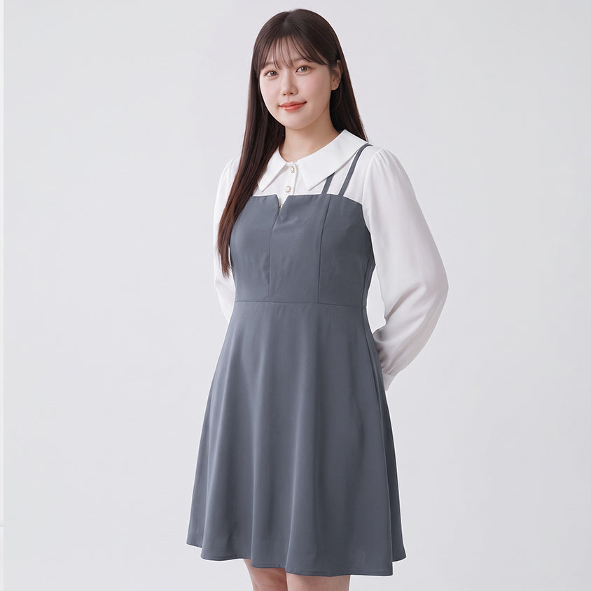 MISS. Smart Collared Faux Two-Piece Strap Plus Size Mini Dress