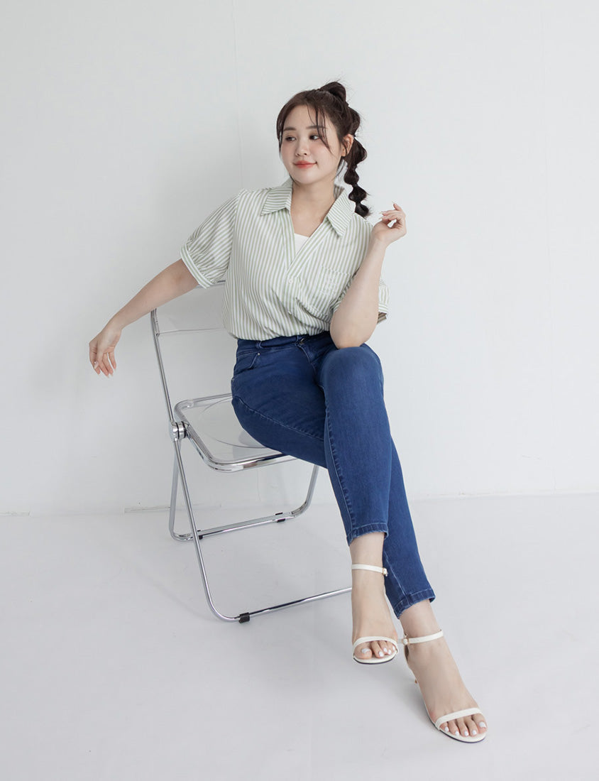Faux Two Piece Stripe Collar Plus Size Top
