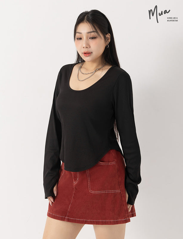 MUA! U-Neck Ribbed Curved Hem Plus Size Long Sleeve Top