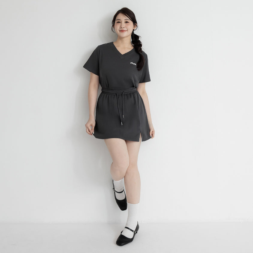 Soft Stretch Cotton Side Slit Drawstring Plus Size Mini Skirt