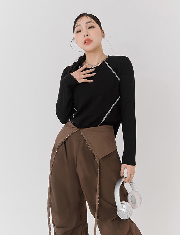 Round Neck Colorblock Topstitch Plus Size Slim Fit Top