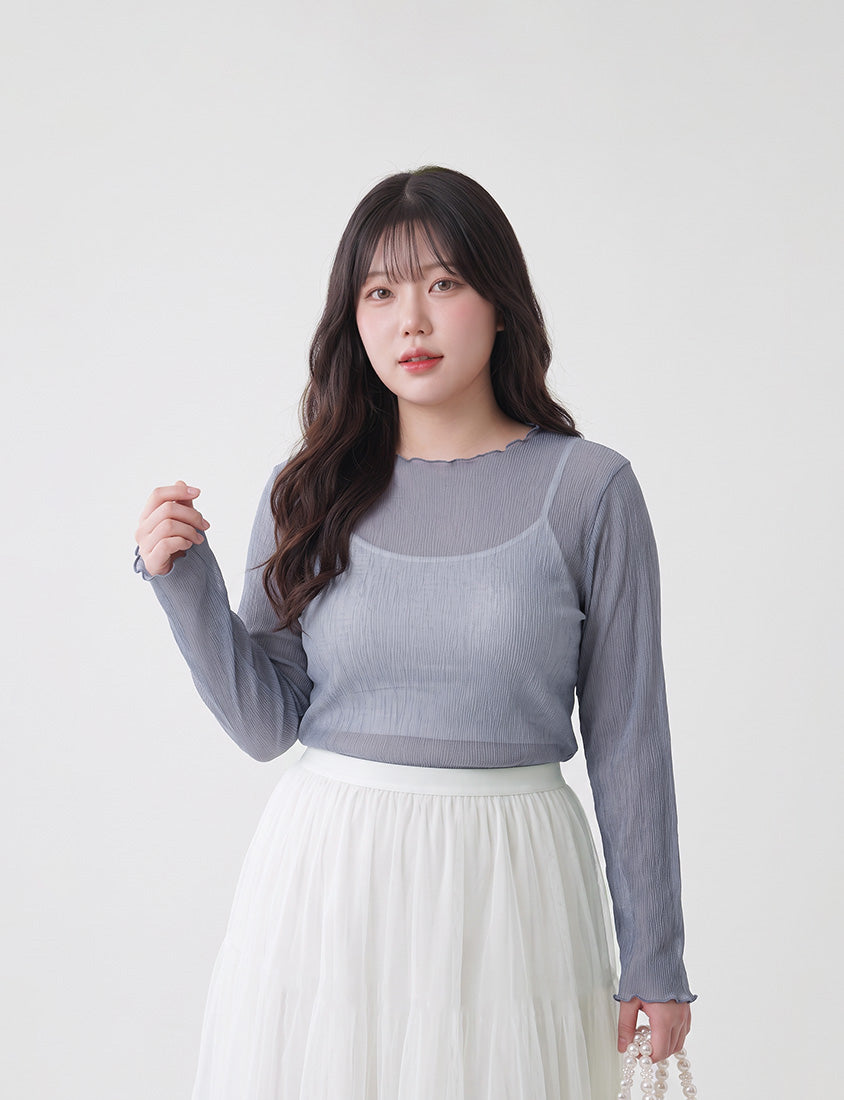 MISS. Ethereal Crinkle Sheer Mock-Neck Plus Size Top