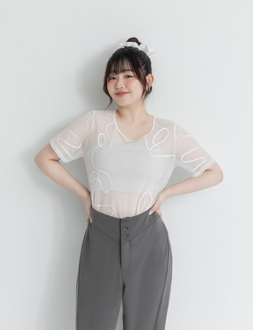 Japanese Style Wavy Line Sheer Textured Plus Size Top