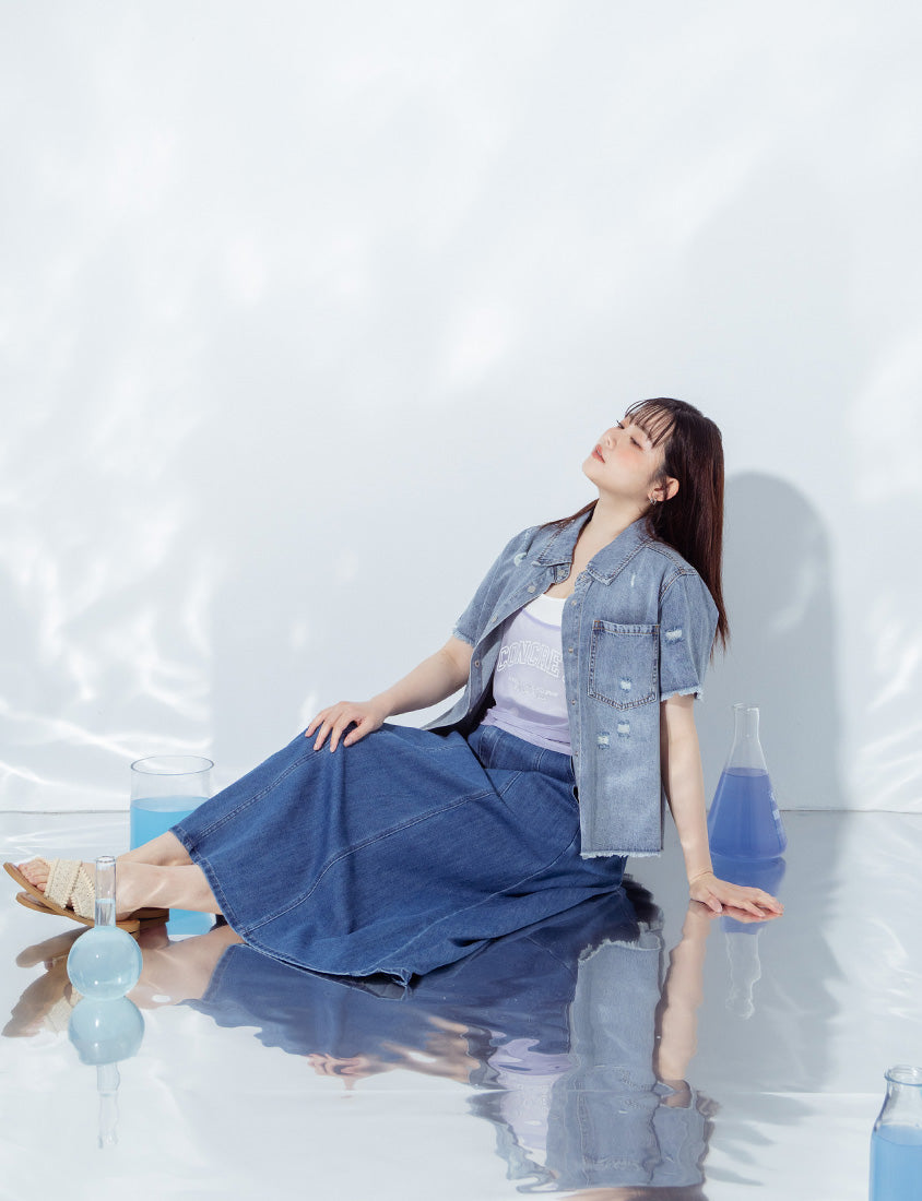 Tencel Silky Denim Distressed Plus Size Shirt Jacket