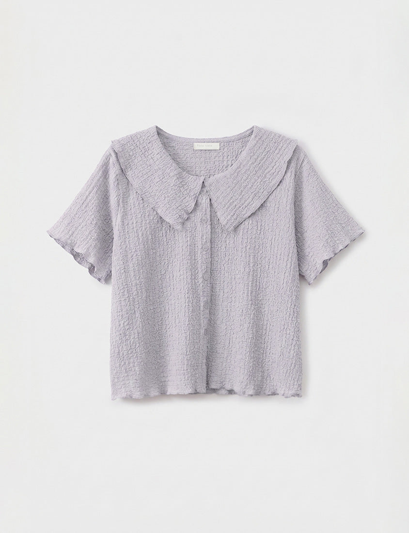 Collared Crinkle Faux Button Short Sleeve Top