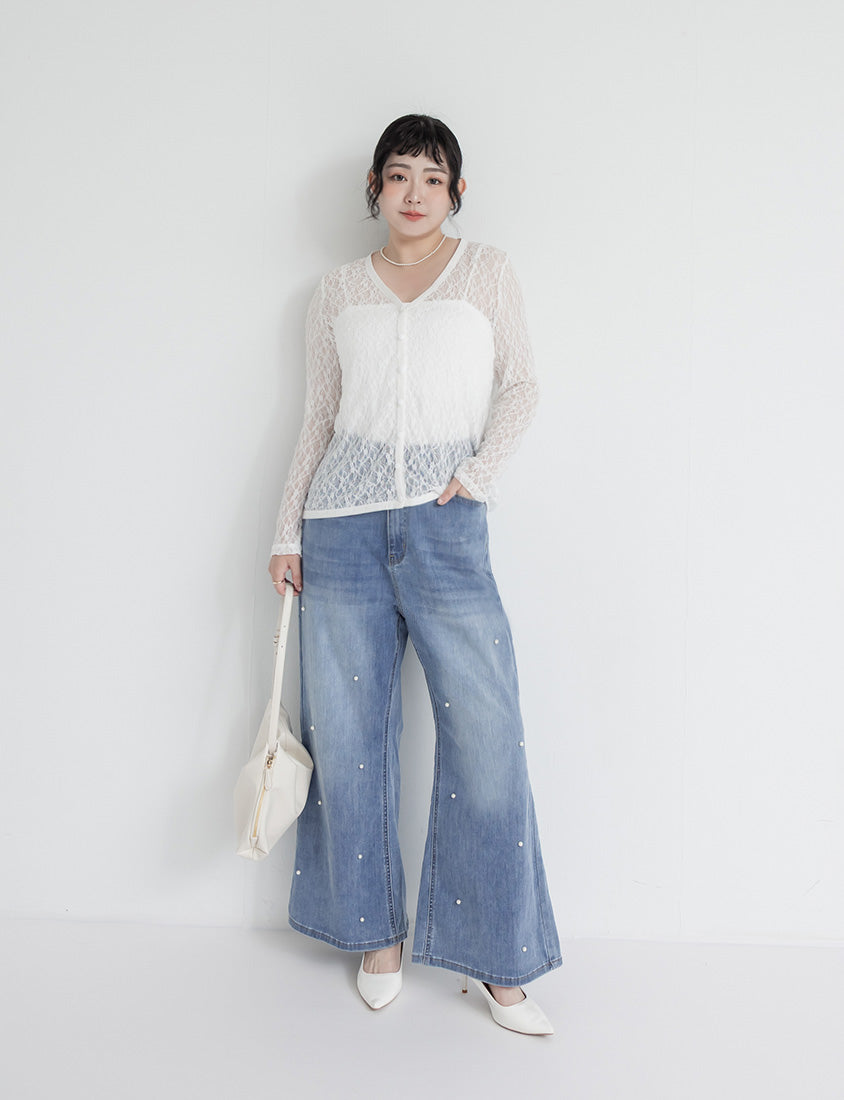 Pearl Embellished Stretch Denim Plus Size Wide Leg Pants
