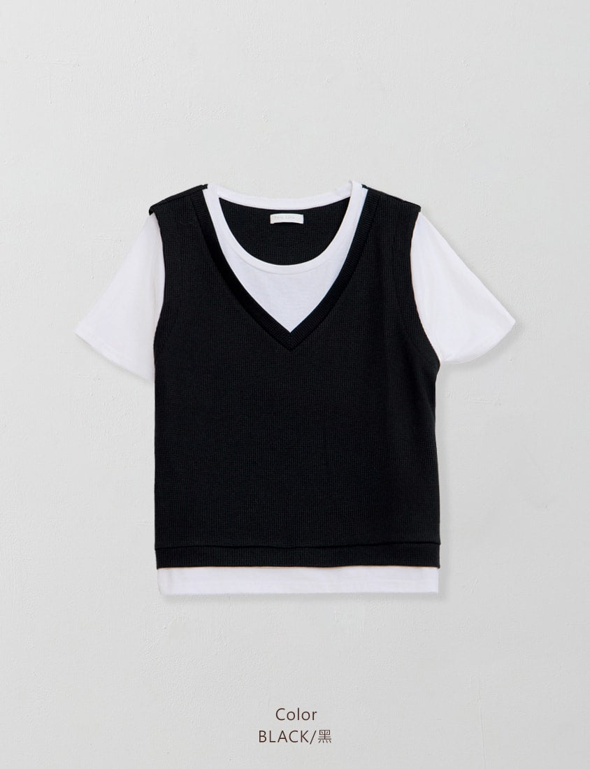 Contrast Waffle Faux Two Piece Plus Size Tee
