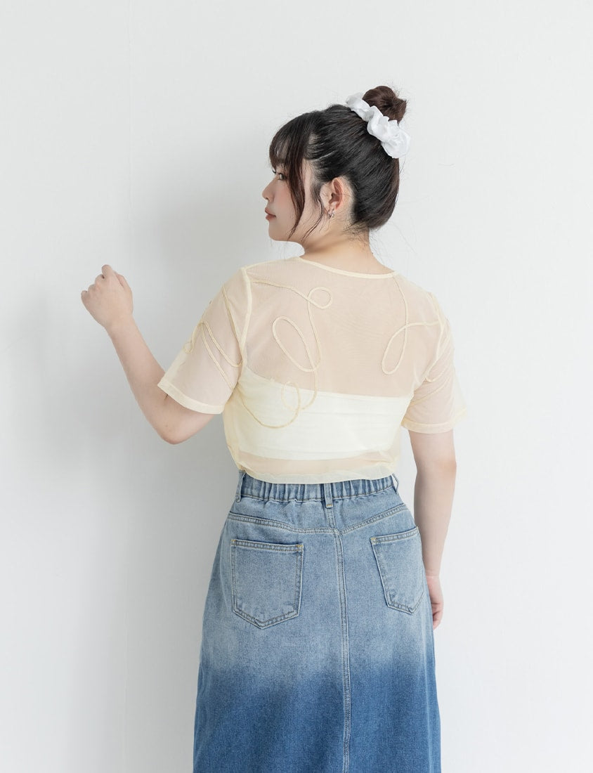 Japanese Style Wavy Line Sheer Textured Plus Size Top