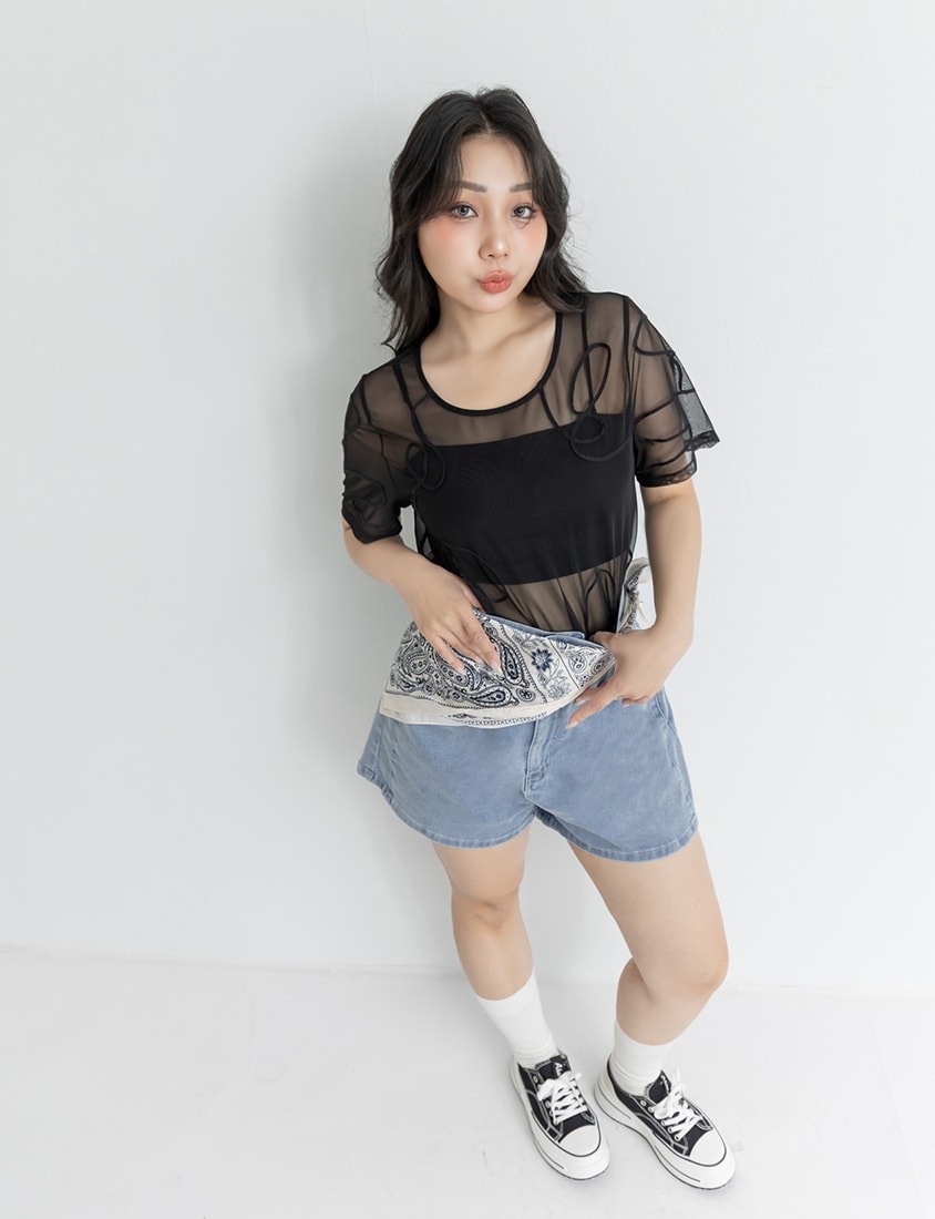 Japanese Style Wavy Line Sheer Textured Plus Size Top