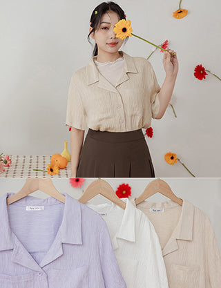 Cuban Collar Crinkled Texture Large Pocket Plus Size Shirt