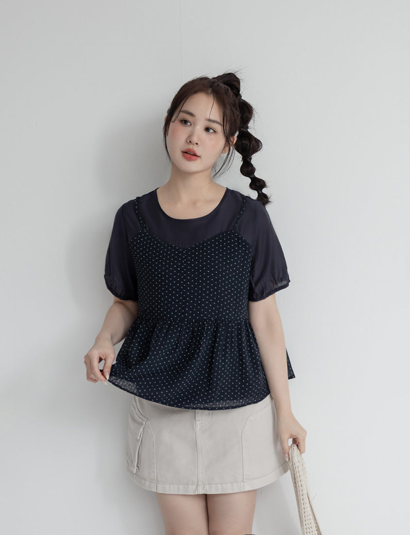 Cute Floral Print Faux Two Piece Plus Size Top