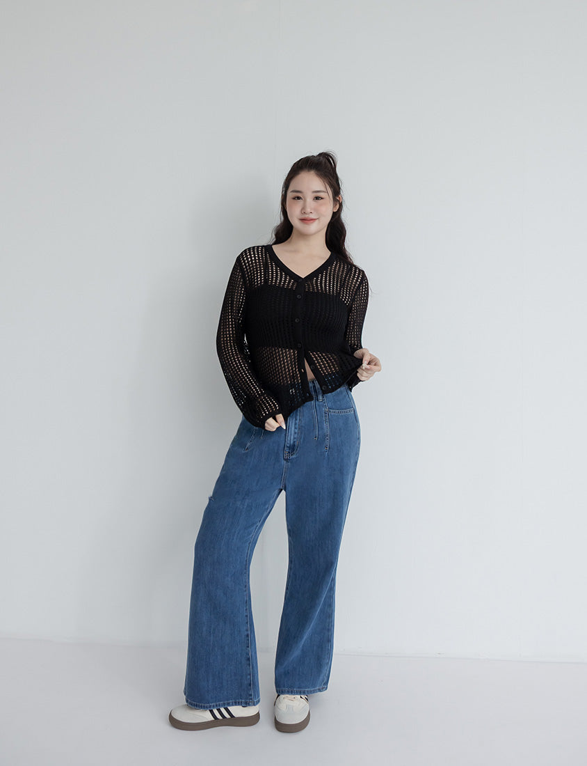 V-Neck Ice Silk Openwork Knit Plus Size Cardigan