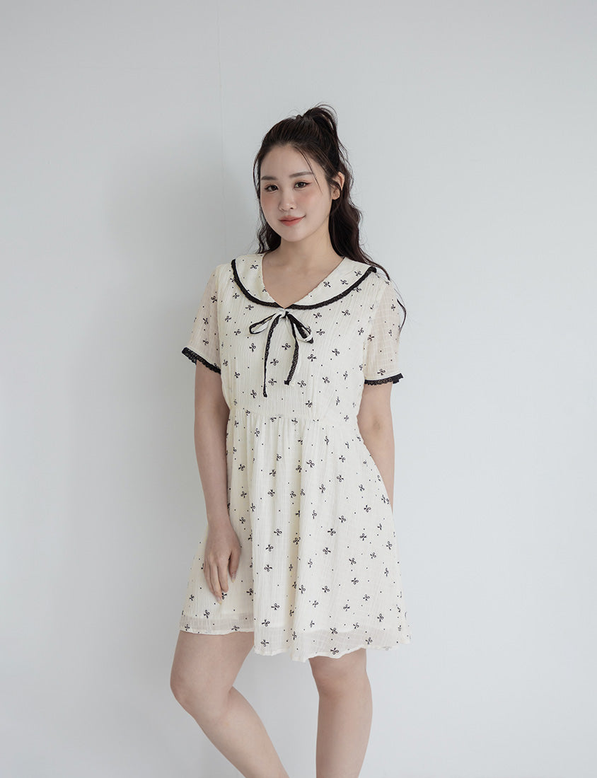 All-Over Bow Collared Plus Size Mini Dress